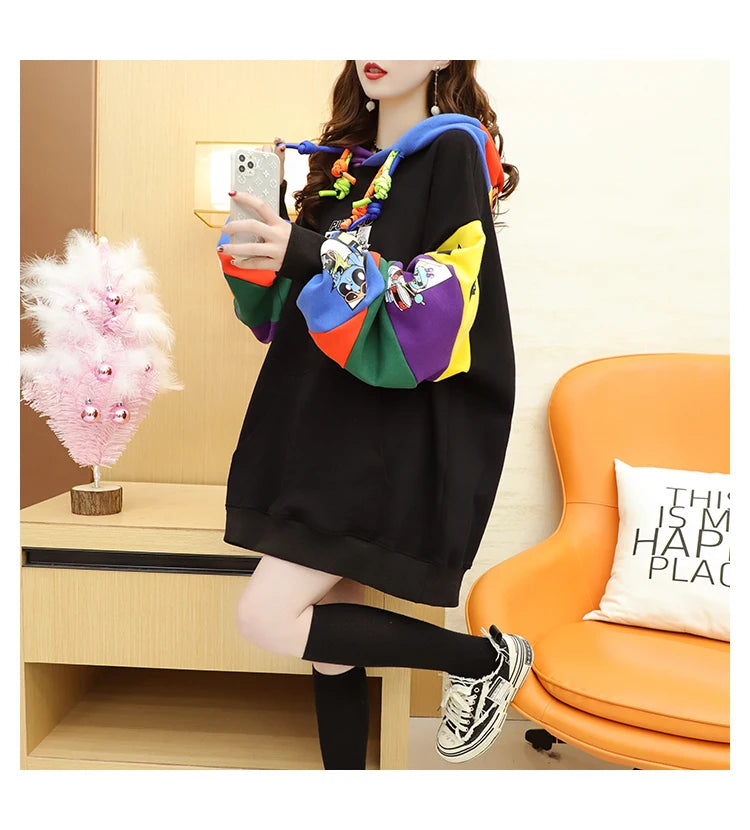 Plus Size Women’s Hoodie – Fleece-Lined Mid-Length Jacket | Autumn Winter Trendy Korean Style Long Sleeve Sweatshirt