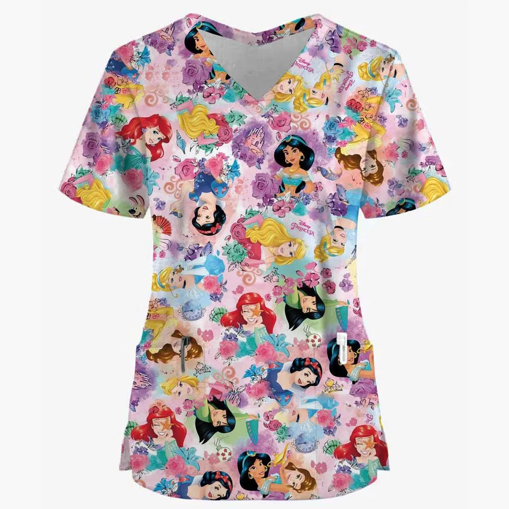 Disney Princess Ariel & Elsa Print Scrub Tops – Women’s Nurse & Dentist Work Uniform 👩‍⚕️✨