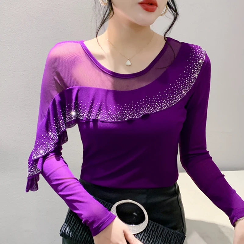 2025 Autumn Women’s Mesh Top – Korean Round Neck Ruffles & Diamond Detail Long Sleeve T-Shirt 🍂✨