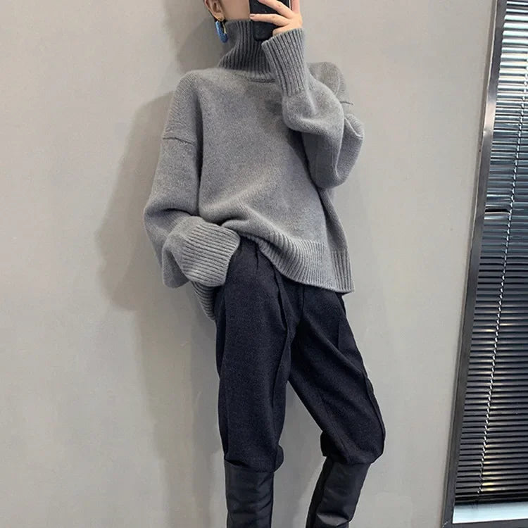 Women’s Oversize Turtleneck Sweater – Long Sleeve Knitted Pullover Autumn Winter Knitwear