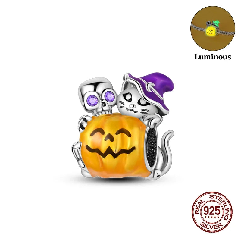 925 Sterling Silver Halloween Luminous Skull & Pumpkin Charms | Fits Original Pandora Bracelet | Party DIY Jewelry Gift