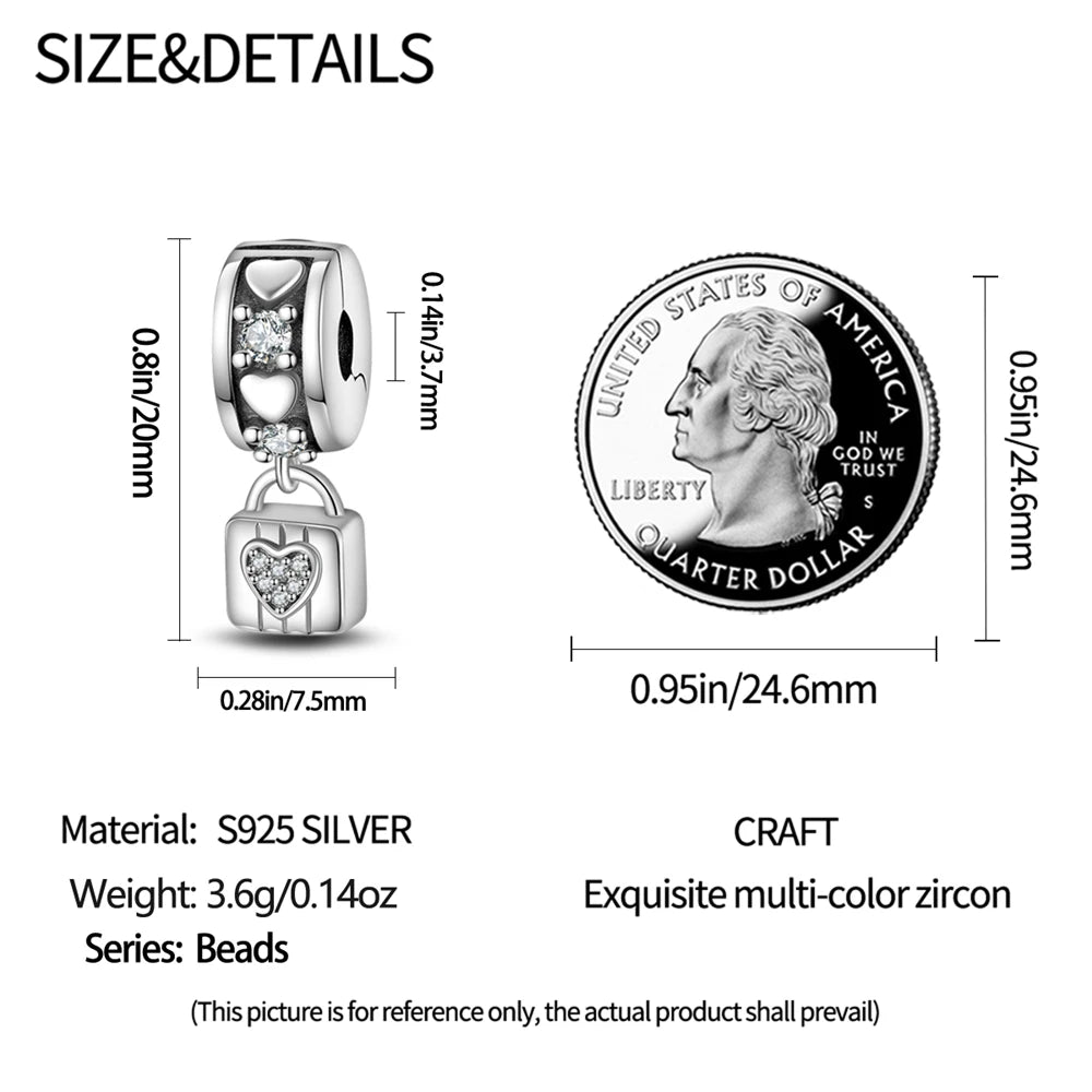 925 Sterling Silver Pave Clip Charms with Safety Chain | Colored Beads Stopper Clasp Fit Original Pandora Bracelet Jewelry