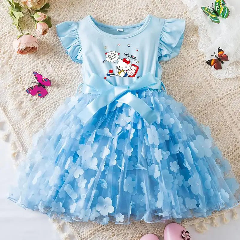 Hello Kitty Girls Tulle Flower Princess Dress | Wedding & Party Tutu Dress | Sleeveless Birthday Gift Outfit