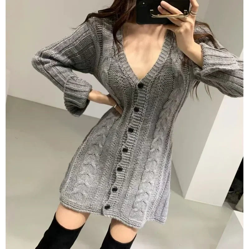 Autumn Casual Knitted Mini Dress – Elegant Slim Fit Long Sleeve Party Sweater Dress for Women | Korean Fashion V-Neck