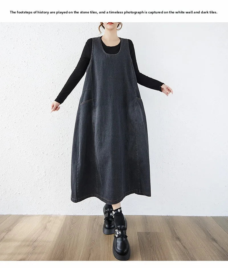 Loose Korean Style Plus Size Denim Vest Skirt – High Waist Over-Knee Slimming Cotton Jeans Corset Casual Dress for Women