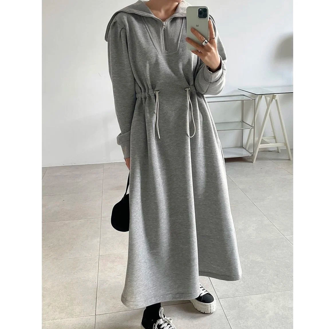 Chic Autumn Long Sve Dstring Waist Slim A-Line Dr Hoodie Women's Faionable Youthful f Open Collar Dr