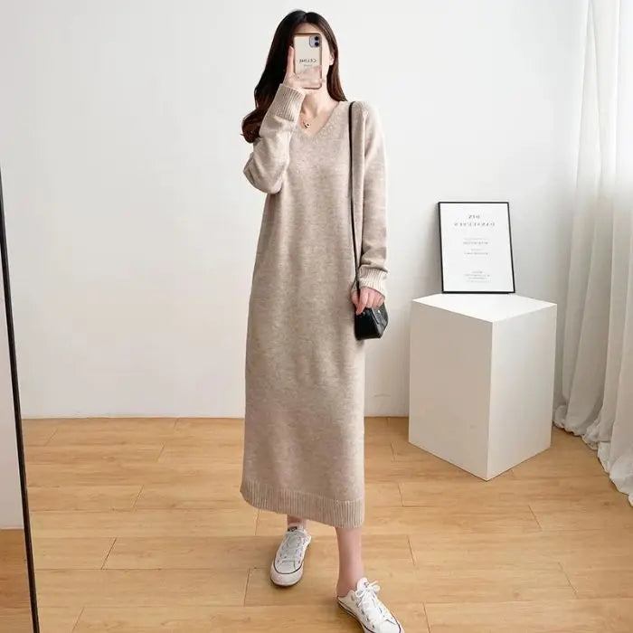 Ladies’ Knitted V-Neck Dress – Loose Fit Base Layer Skirt, Casual Straight Tube Korean Style Autumn Winter Dress