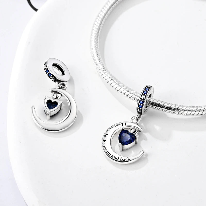 Blue 925 Sterling Silver Rotating Evil Eye Palm Moon Starry Sky Charms | Fit Original Bracelet Pendant Women Jewelry