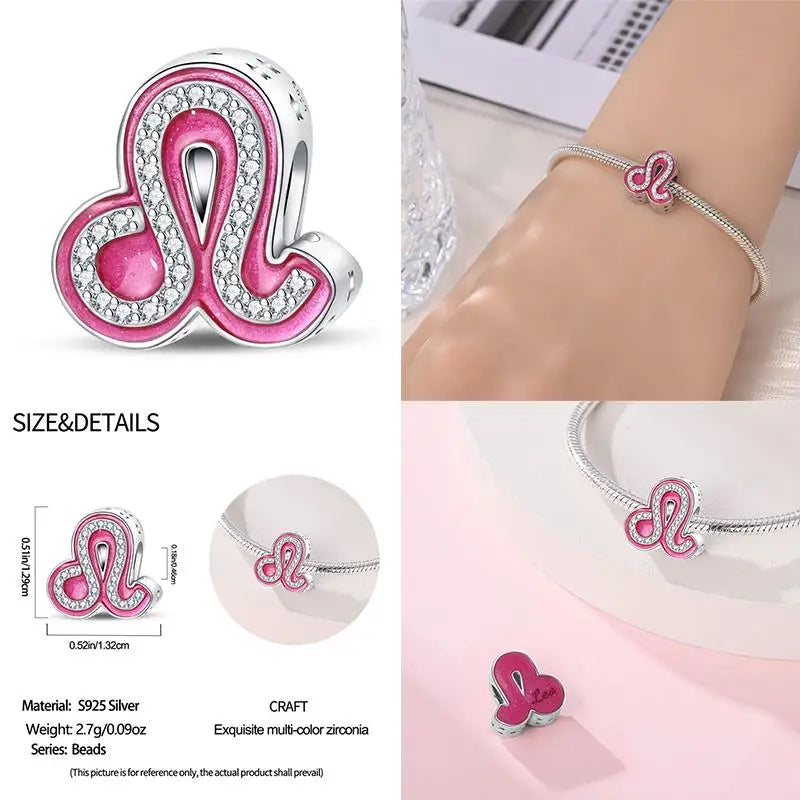 925 Sterling Silver Pink Zircon 12 Zodiac Signs Charms | Fit Original Pandora Bracelets DIY Jewelry Gift for Women