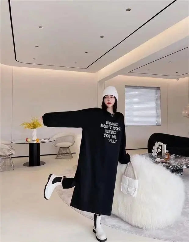 Lazy Person's Winter Sweatshirt Dress ❄️ Loose Casual Home & Outdoor Wear 👗 Personalized Letter Design 🌟