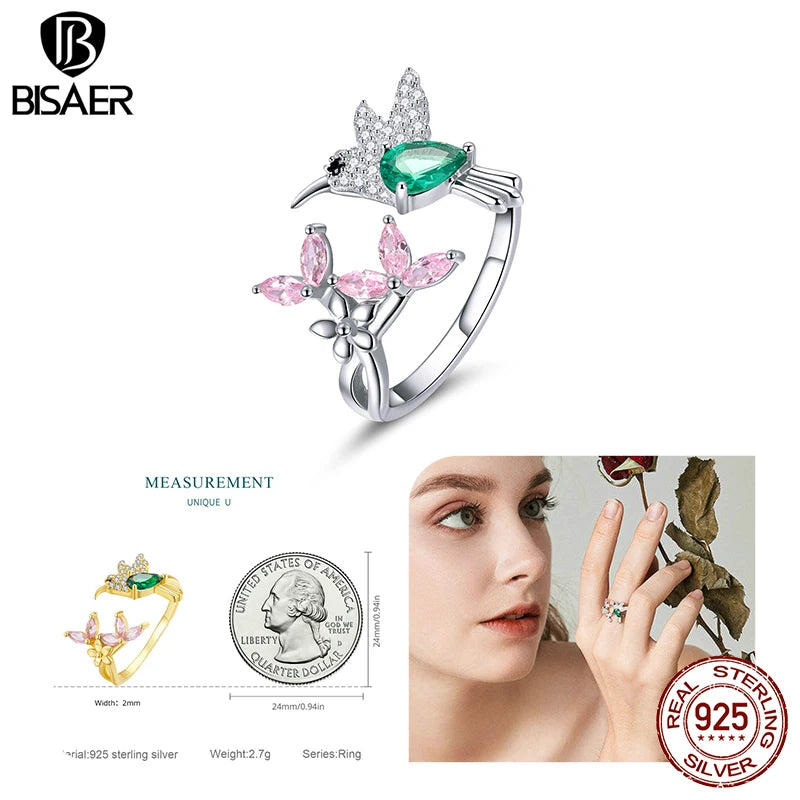 BISAER 925 Sterling Silver Floral Bird Open Ring | Adjustable White Gold Plated Flower Band for Women – Fine Party Jewelry