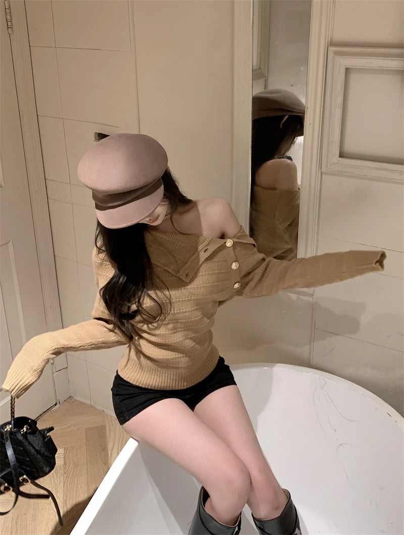 Ele Gold Button Knitted Shoulder-Bared Sweater – Slim Fit Crew Neck Long Sleeve Women Top | Spring Autumn