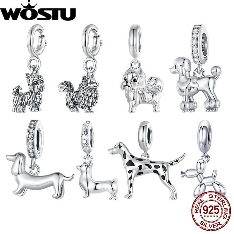 WOSTU 925 Sterling Silver Pet Dog Charm Pomeranian Yorkshire Terrier Pendant for Women Bracelet
