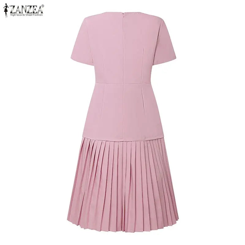 Women Pleated Dress 👗 Elegant O-Neck Short Sleeve Fitted Waist A-Line Knee-Length Dress 🌸 ZANZEA Fashion