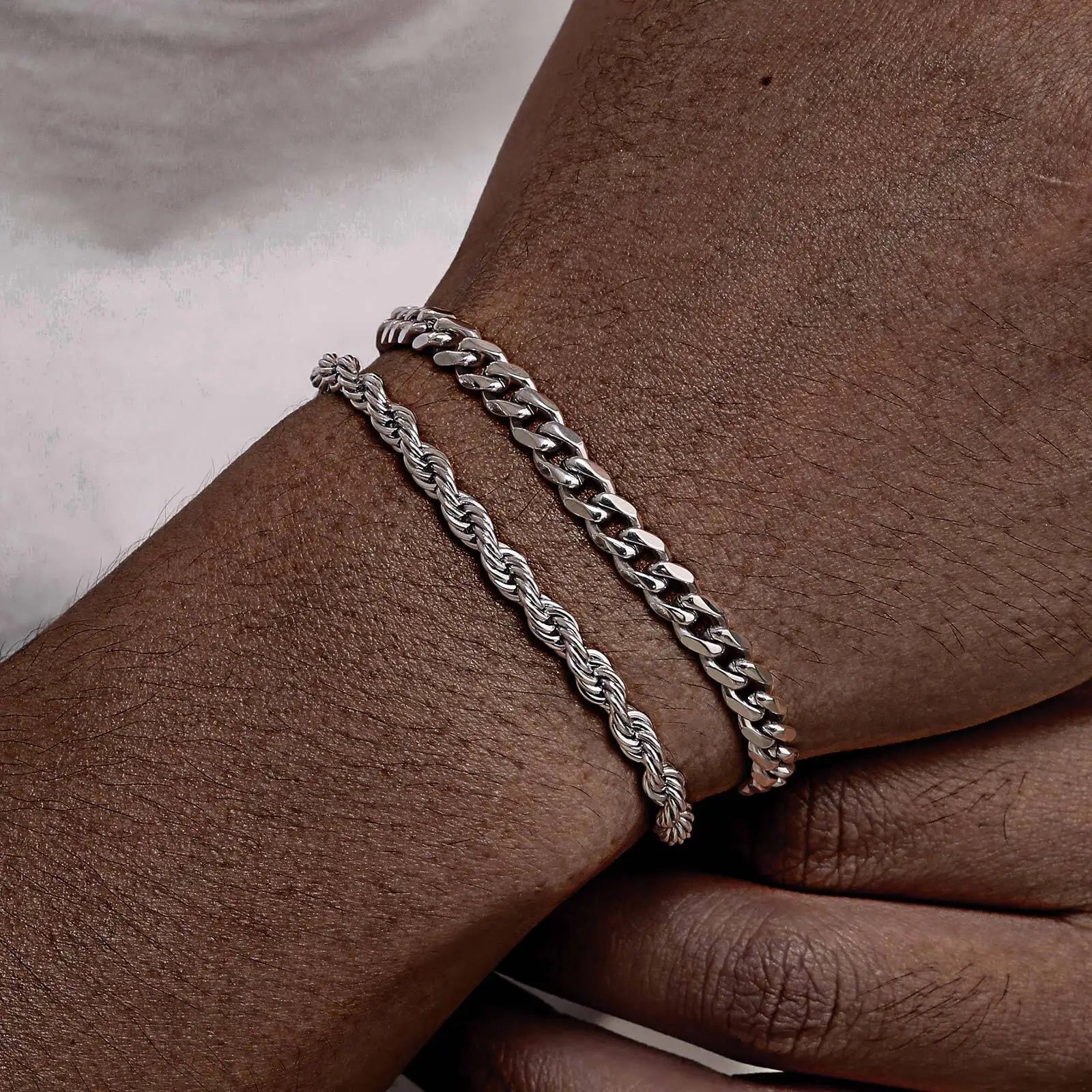 2PCS Men’s Chain Bracelets – Silver, Gold & Black Stainless Steel Twisted Rope Cuban Chain