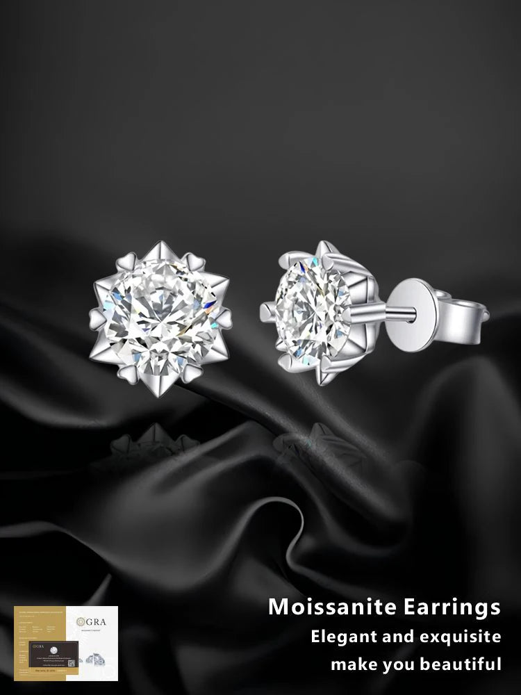 925 Sterling Silver Certified Moissanite Heart Snowflake Earrings | Six Claw Studs for Women | Elegant Piercing Jewelry Gift