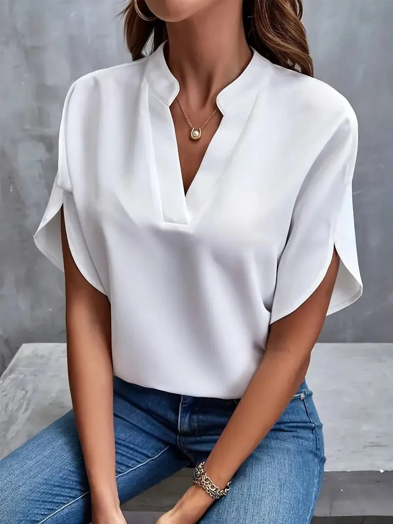 VEITCHE Summer Women Casual Solid Blouse – V-Neck Half Sleeve Office Elegant Loose Pullover Tops 🌸✨