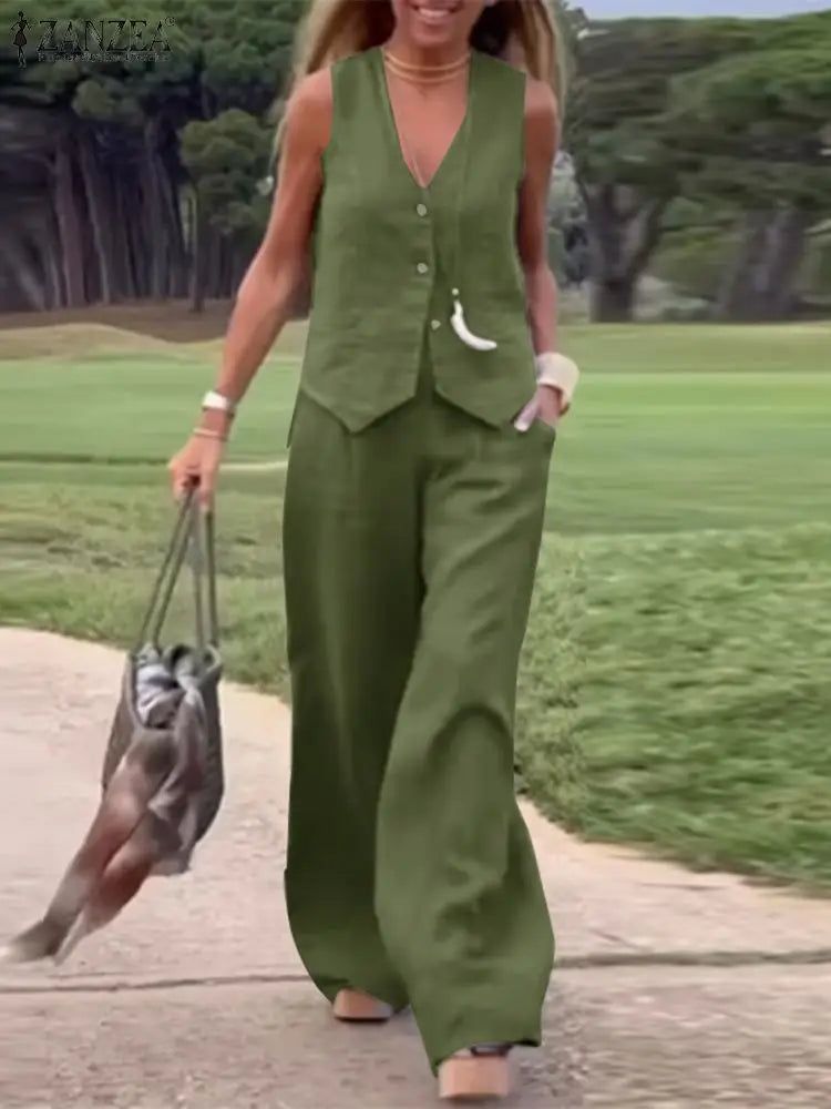 ZANZEA 2025 Elegant Women’s Two-Piece Set – Solid Color Wide Leg Pants & Vest Top Plus Size 👩‍💼✨