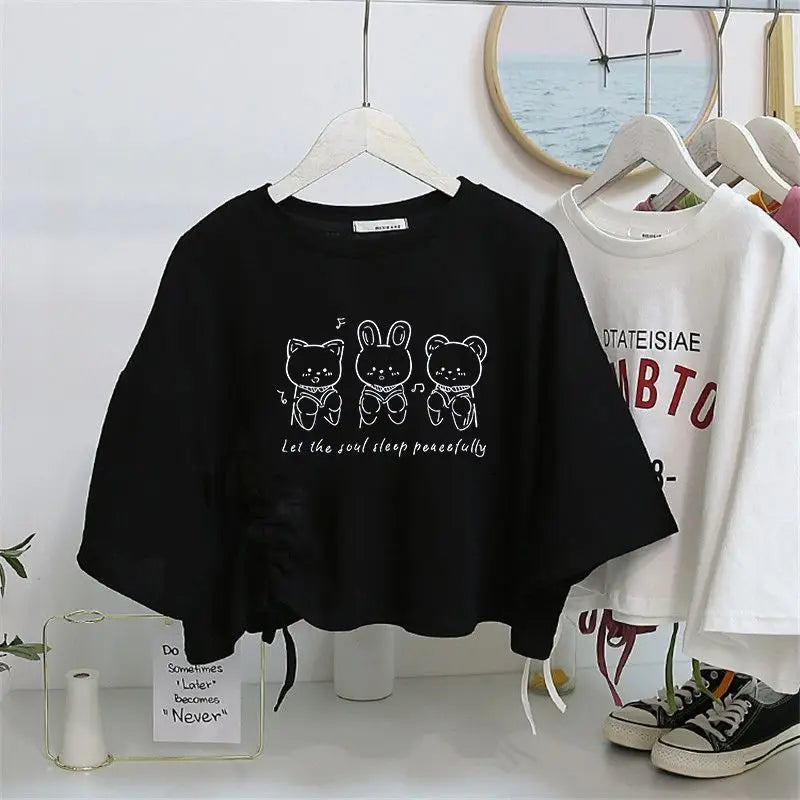 Women’s Drawstring Cotton T-Shirt | Loose O-Neck Drop Sleeve Pullover | Spring Summer Casual Solid Knit Top