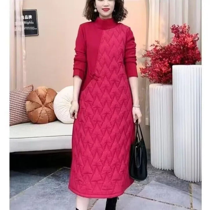 Thickened Fleece Winter Dress for Women – Cotton-Lined Plus Size Warm Mid-Length Straight Cut Chinese Style Fashion Dress