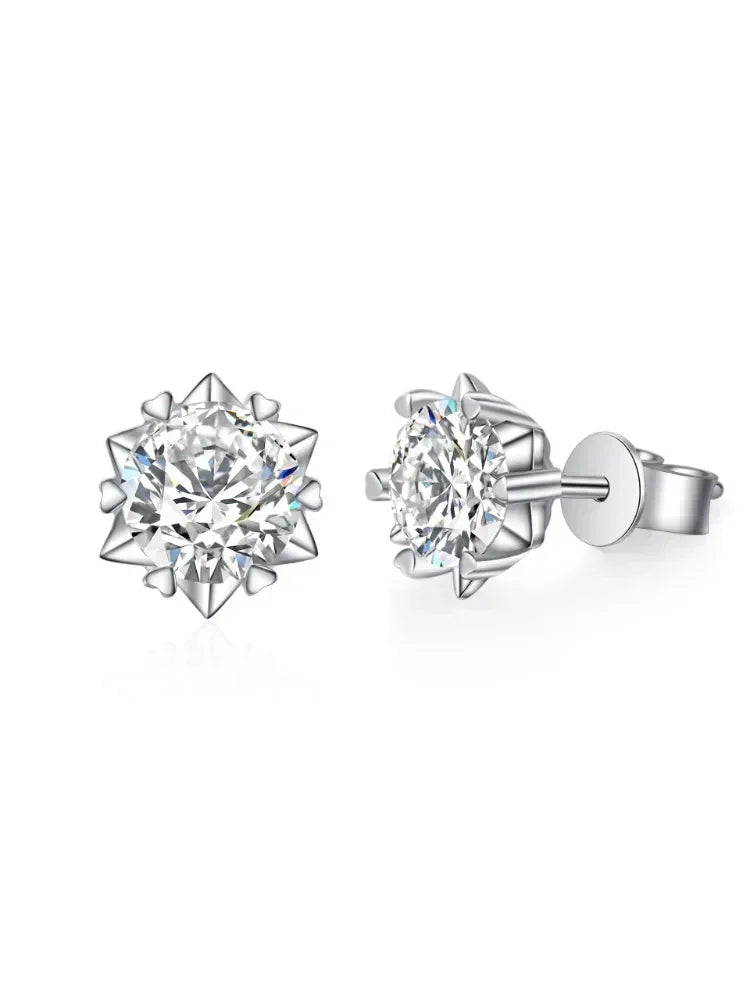 925 Sterling Silver Certified Moissanite Heart Snowflake Earrings | Six Claw Studs for Women | Elegant Piercing Jewelry Gift