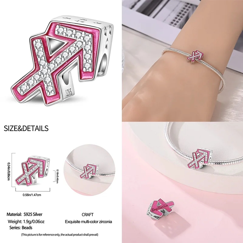 925 Sterling Silver Pink Zircon 12 Zodiac Signs Charms | Fit Original Pandora Bracelets DIY Jewelry Gift for Women