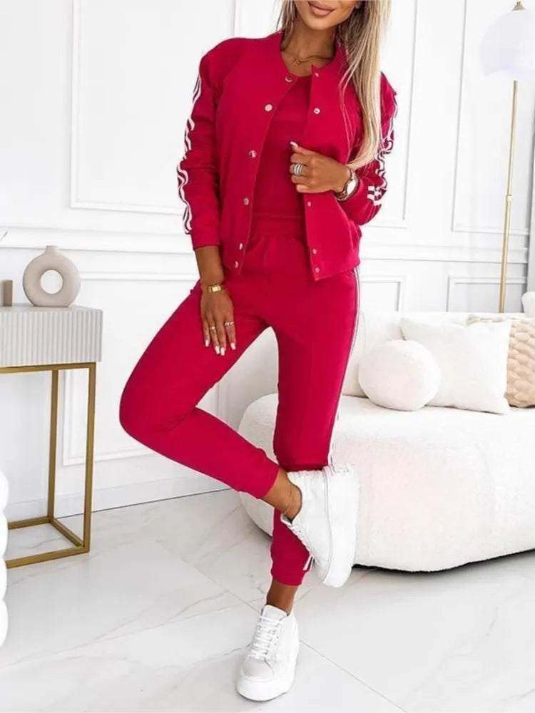 Autumn Women’s 3-Piece Suit 🍂 Striped Tracksuit Jacket + Tank + Pants ✨