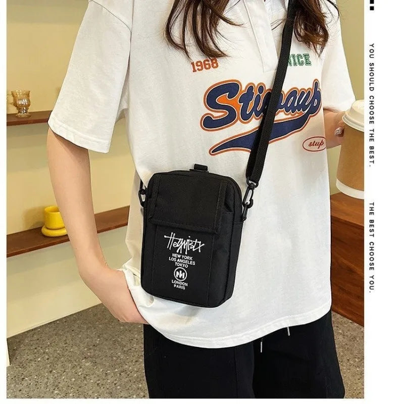 Casual Black Canvas Crossbody Bag | Pocket Messenger Bag for Women & Students