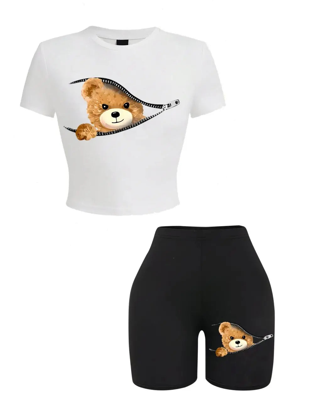 Women’s 2-Piece Slim Crop T-Shirt & Shorts Set – Teddy Bear Zipper Print Sporty Summer Outfit 🧸✨