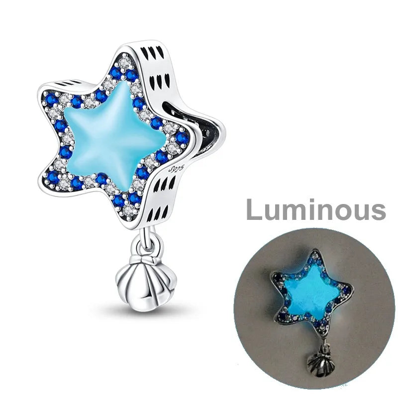 925 Sterling Silver Colorful Luminous Charms | Shell Turtle Star Beads