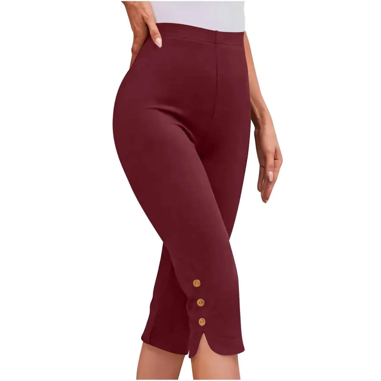 Women’s High-Waisted Elastic Mid-Calf Pants | Seven-Foot Trousers with Button Detail | Comfortable Base Layer Clothing