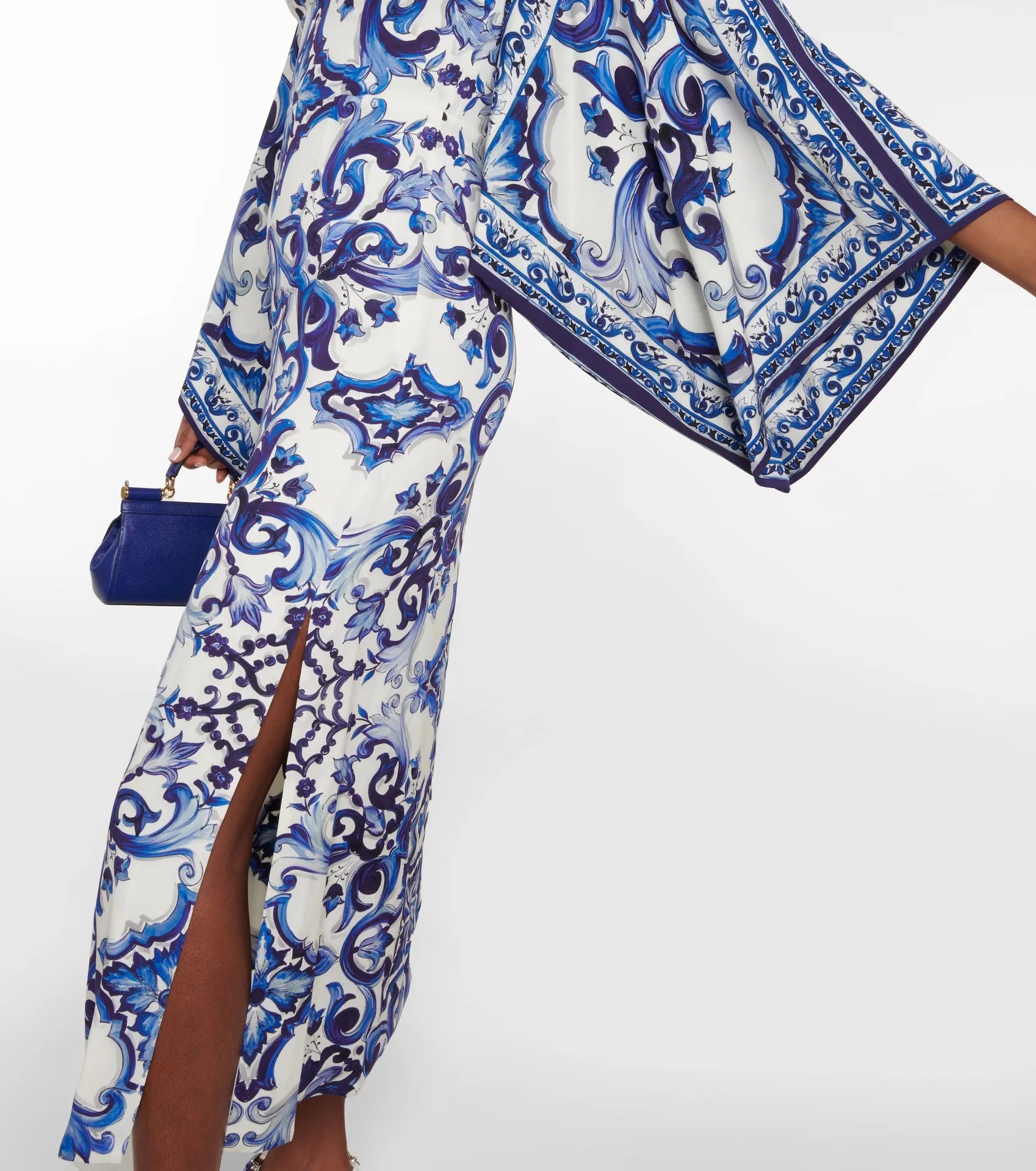 New Spring O-Neck Long Sleeve Maxi Dress for Women | Elegant Loose Commuting Dress | Blue & White Porcelain Print with Side Split