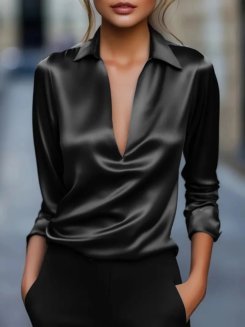 Women’s Elegant Satin Work Shirt – Modern Plain Long Sleeve Collar Top for Casual & Office Wear
