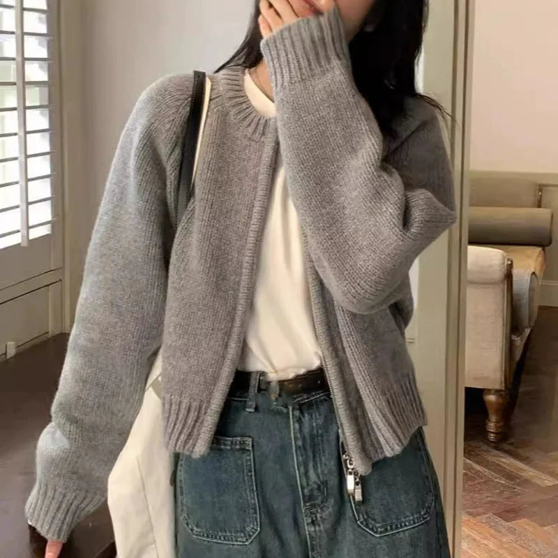 Women's Short Knitted Cardigan 2025 | Autumn Winter Solid Color Zipper Sweater Jacket