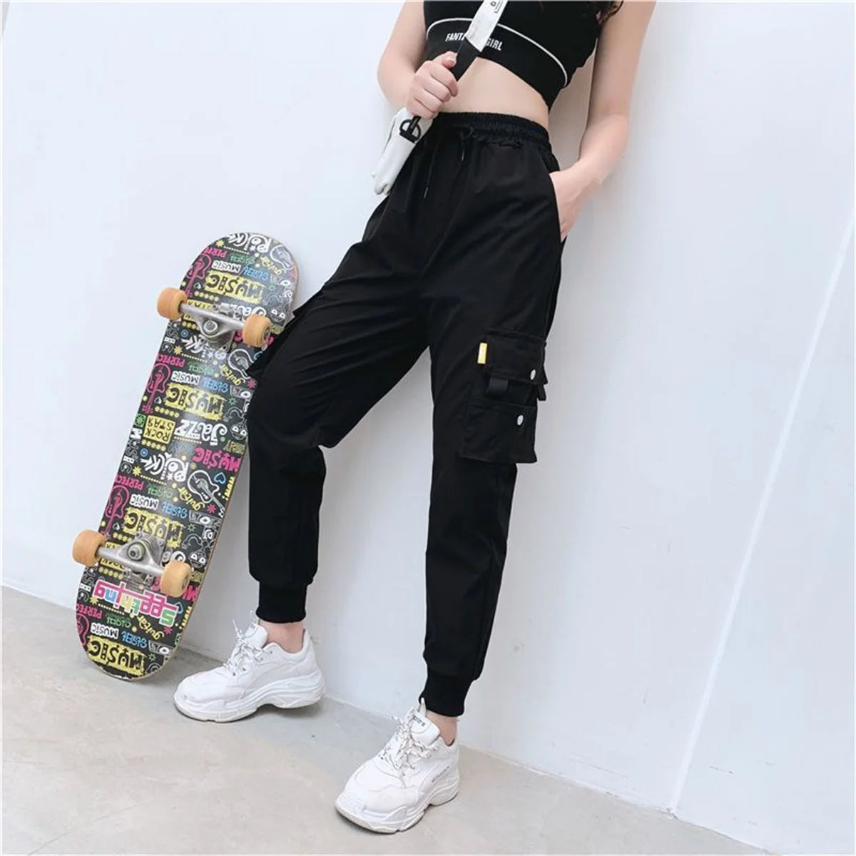 Black Cargo Pants for Women | High Waist Loose Joggers | Korean Hip Hop Streetwear Trousers