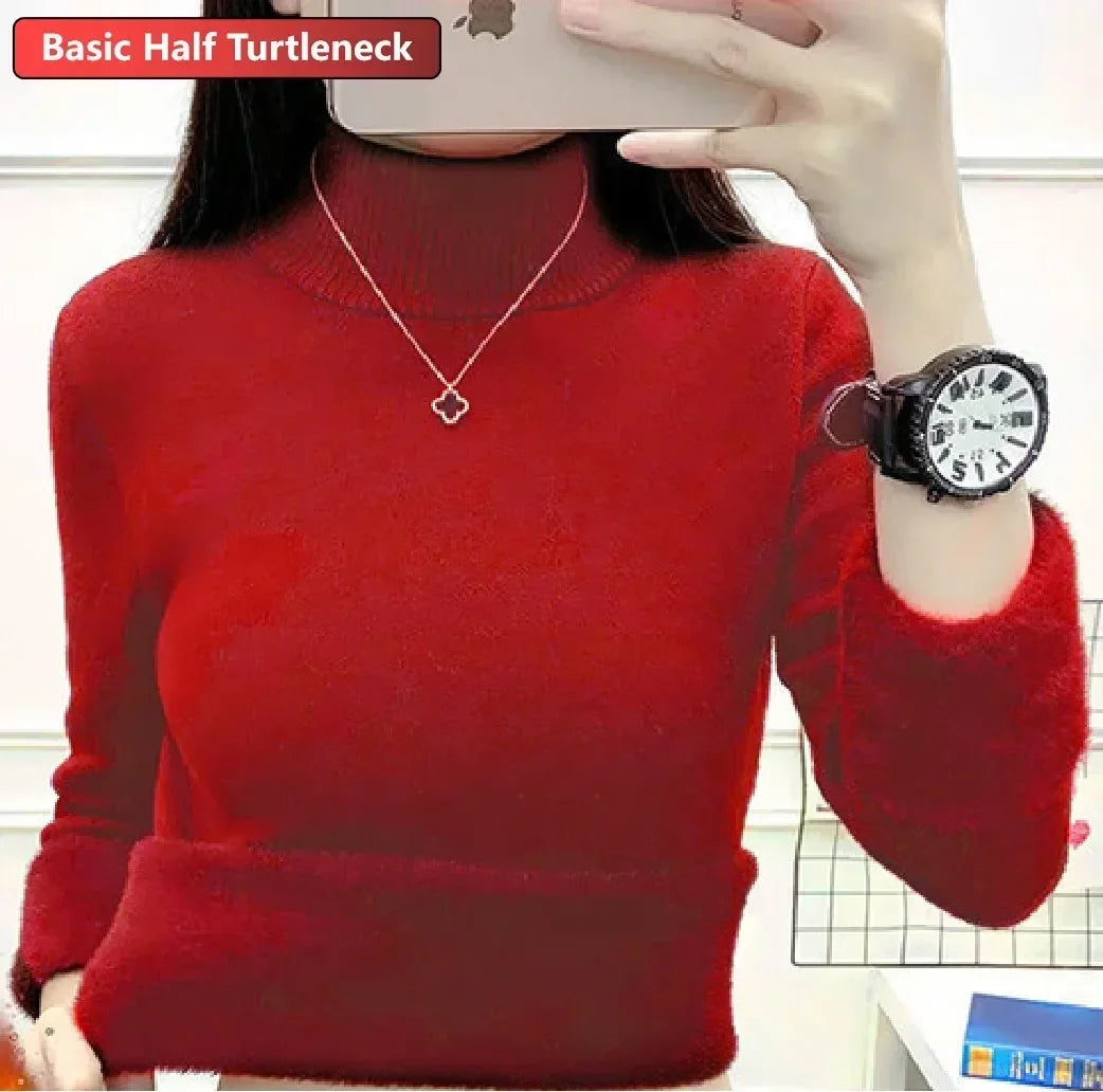 Women Winter Thicken Turtleneck Sweater – Slim Knit Plush Velvet Lined Warm Pullover Jumper
