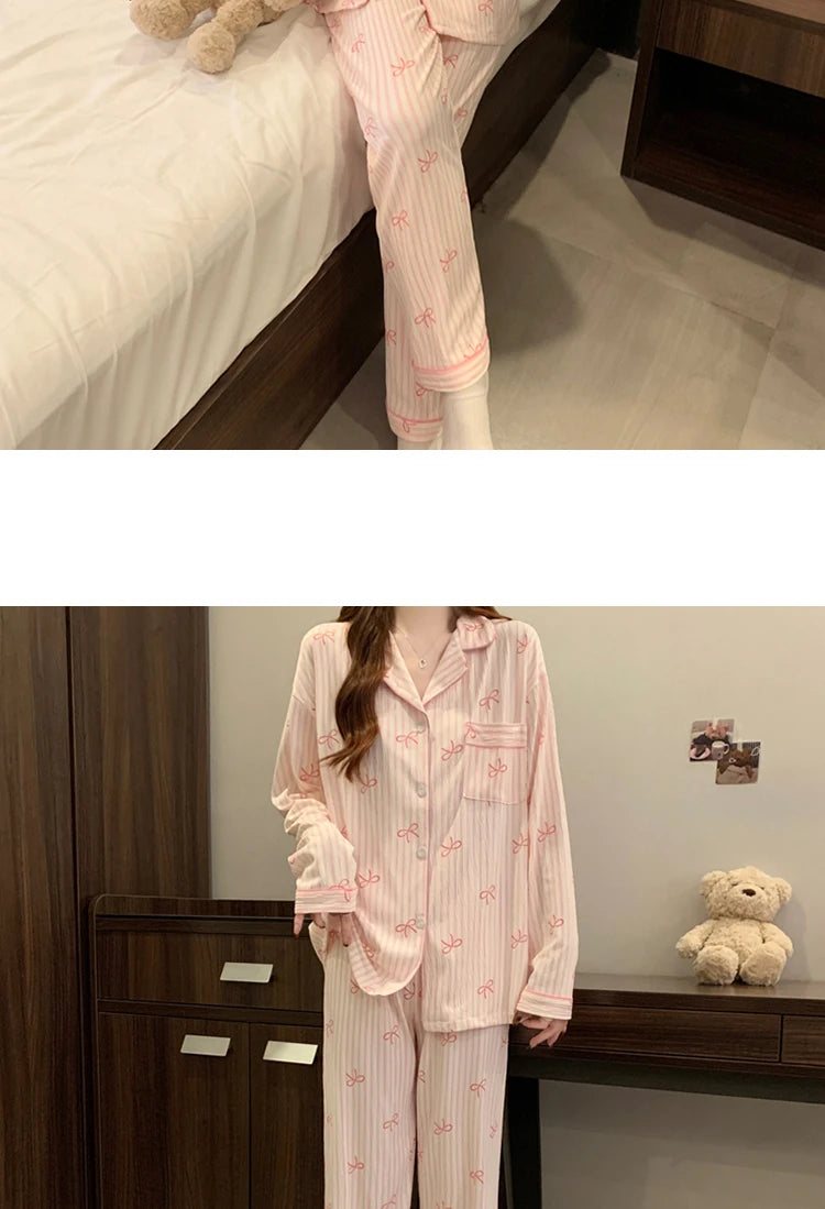 🌸 Pink Bow Pajamas Set for Women 💖 Long Sleeve Top & Elastic Waist Pants 🛌 Harajuku Style Casual Home Wear