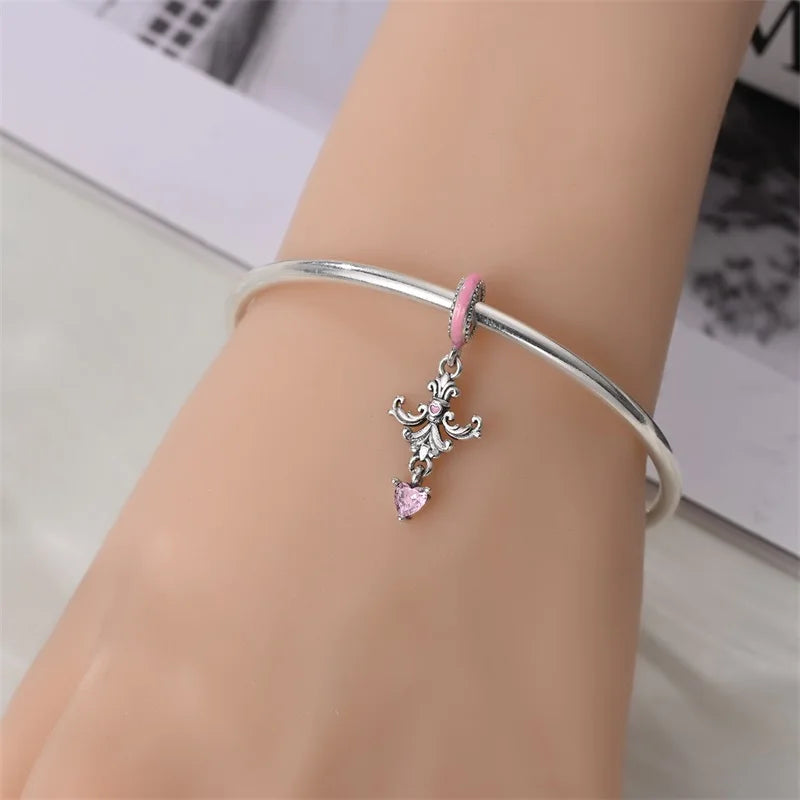925 Silver Plated Magic Mirror Princess Angel Pink Charm Beads | Fits Original Pan 925 Bracelet | Exquisite DIY Jewelry