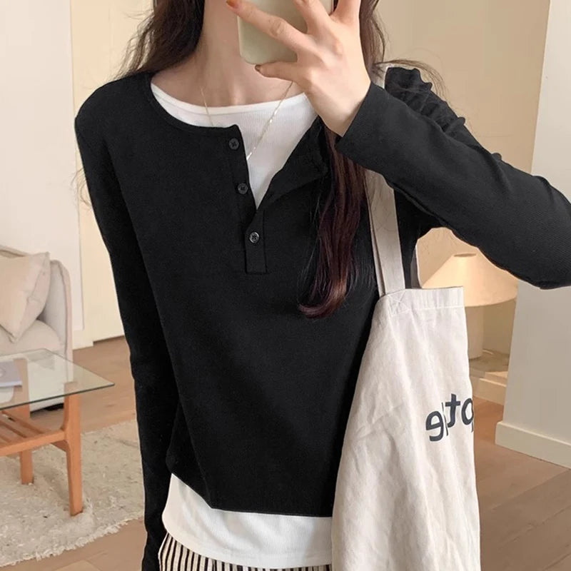 Slimming Effect Pure Cotton Long Sleeve Top – Women’s Loose Fashionable Base Shirt Spring Autumn 2025