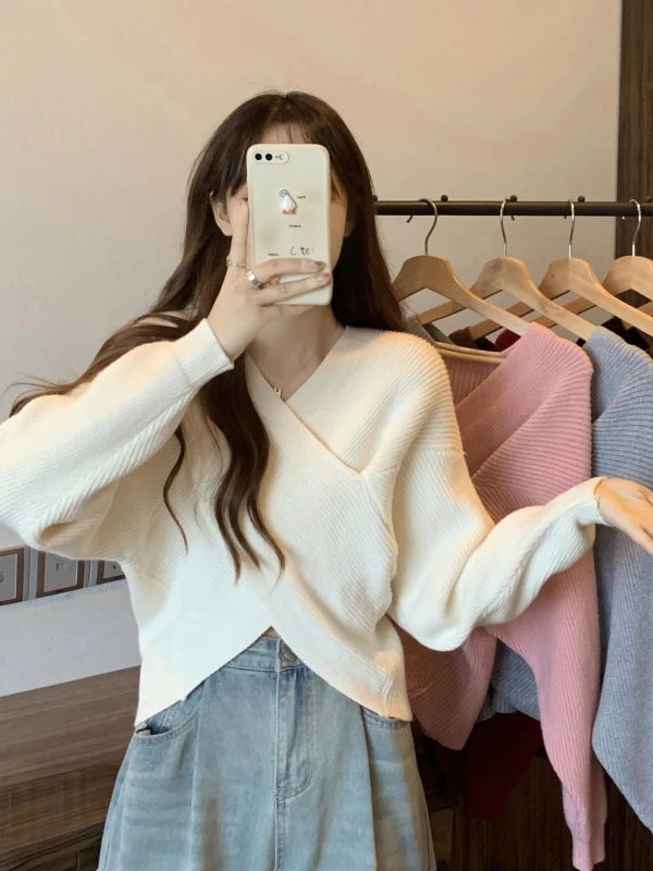 2025 New Korean Style Casual Slim Fit Knitted Top – Cross Neck Lazy Sleeve Design Sensation