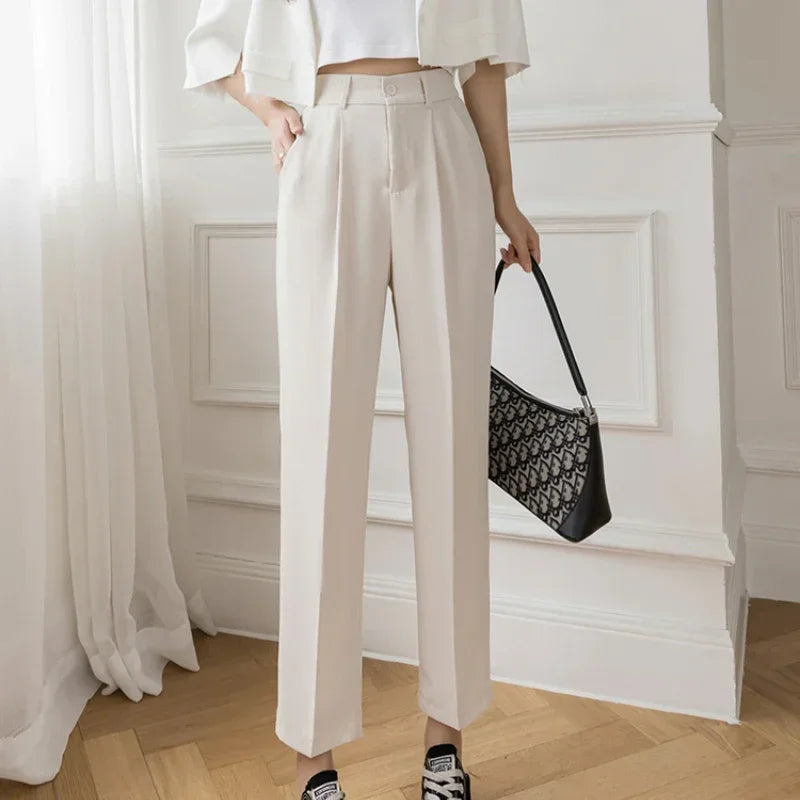 Women’s High Waist Suit Pants | Summer Black Harem Business Pants | Korean Style Pocket Thin Nine-Point Trousers