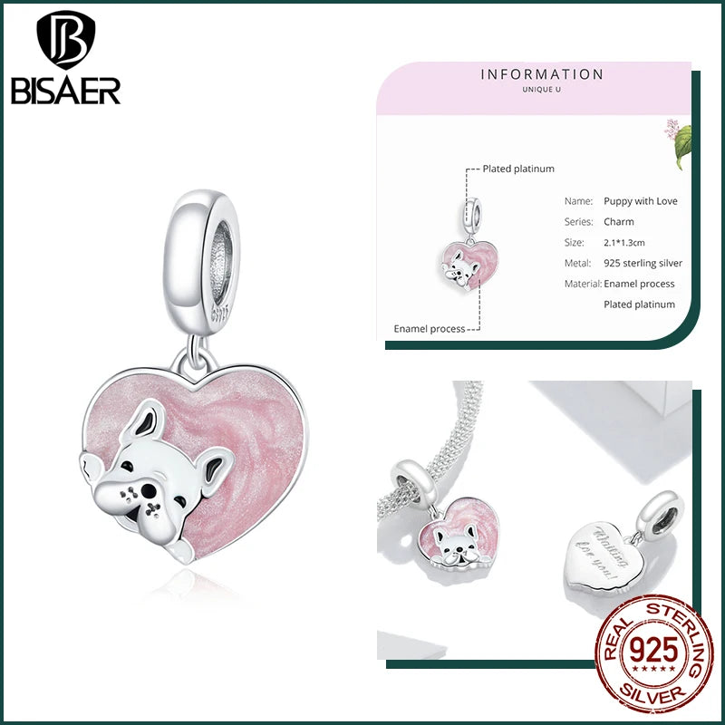 BISAER 925 Sterling Silver Dog Charm | Cute Dachshund Pet Bead Pendant for Women’s DIY Bracelet Jewelry