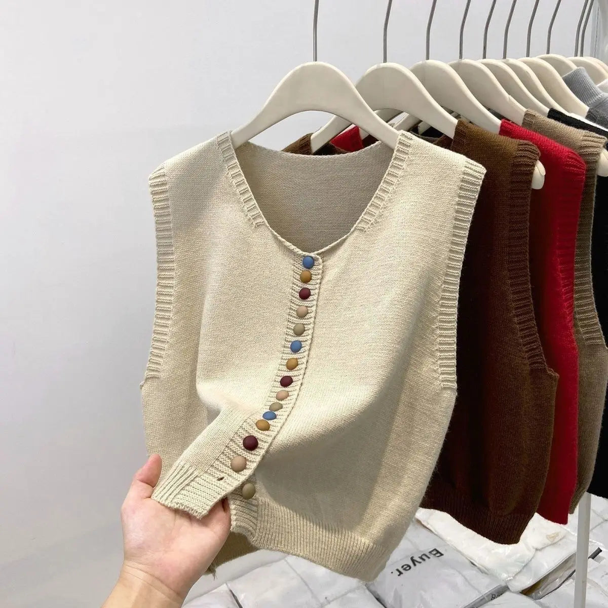 Women’s Rainbow Knit Sweater Vest | Autumn V-Neck Cardigan | Soft Button-Up Loose WaistcoatWomen’s Rainbow Knit Sweater Vest | Autumn V-Neck Cardigan | Soft Button-Up Loose Waistcoat