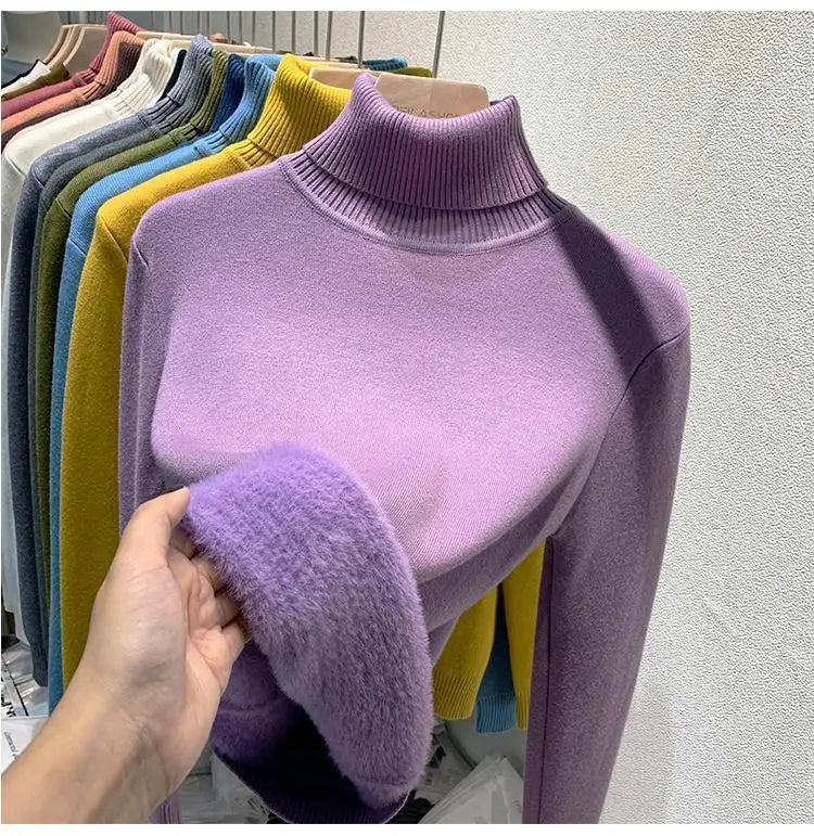 2025 Women’s High Collar Pullover Sweater – Thick Warm Soft Winter Top | Solid Color Bottoming Shirt