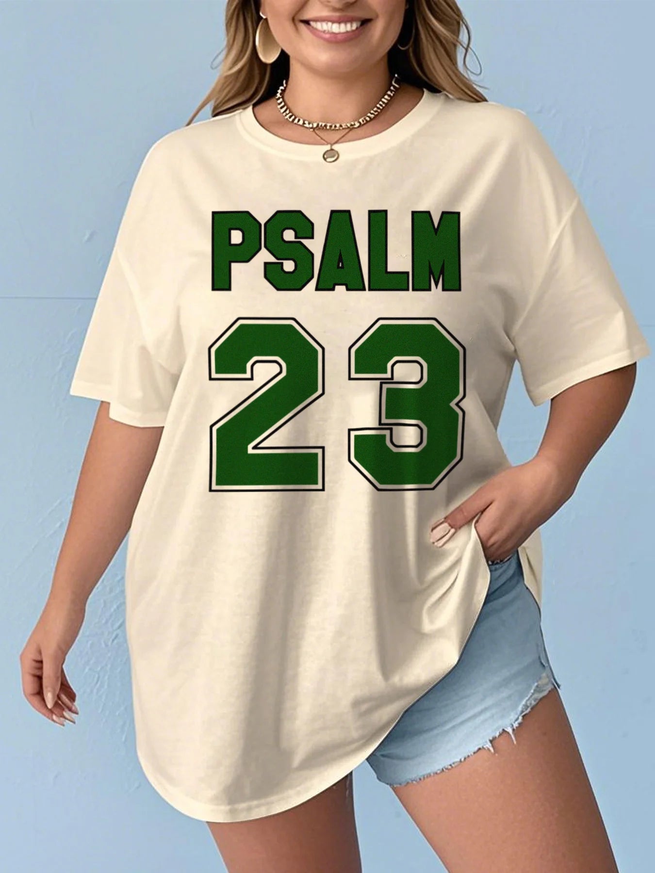 Women’s Psalm 23 Oversized Jersey T-Shirt – Casual Short Sleeve Round Neck Tee with Bold Green Lettering