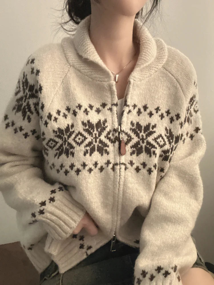 📚 College Style Knitted Sweater Coat for Women 🍂 Double Zipper Loose Fit | Autumn New Arrival Lazy Turn-Down Collar Top 🧥