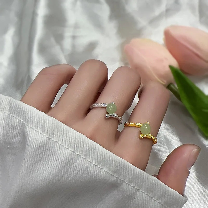 PANJBJ 925 Sterling Silver Hotan Jade Geometric Adjustable Ring | Retro Delicate Jewelry Gift for Women