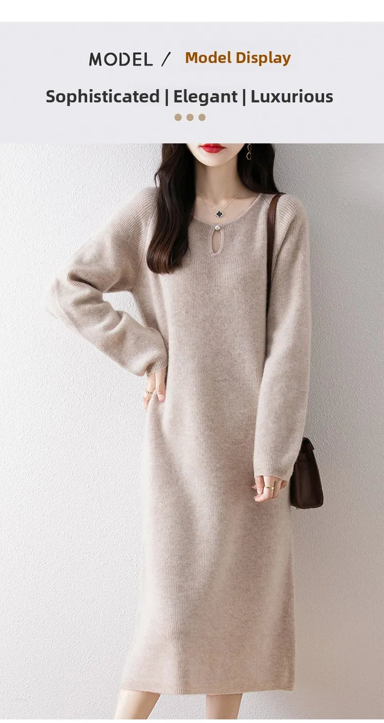 Loose Knitted Sweater Dress for Women – Round Neck Long Sleeve Casual Autumn New Arrival Elegant Fashion Dress