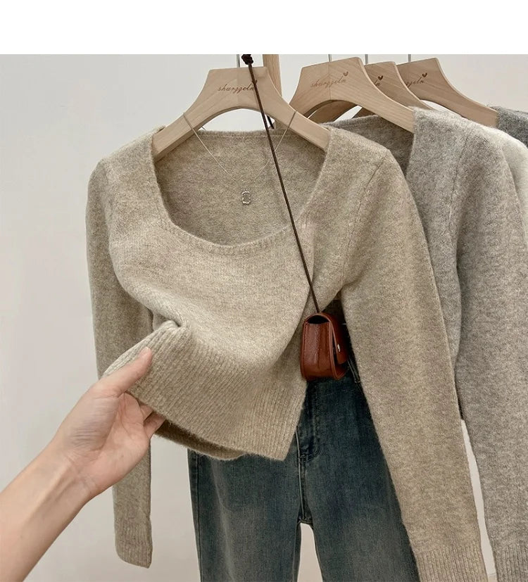 ✨ Soft Short Knitted Sweater Top for Women 🍁 Square Collar Slim Fit | Autumn Winter Inner Base Shirt 👚