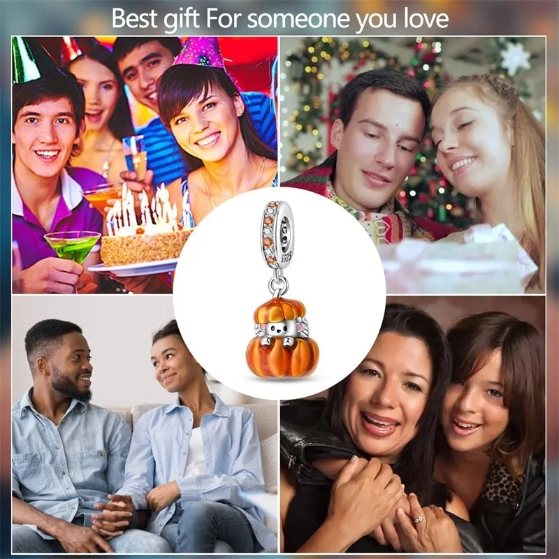 925 Sterling Silver Squirrel & Maple Leaf Charm | Shiny Zircon Autumn Beads Fit Pandora Bracelet DIY Jewelry